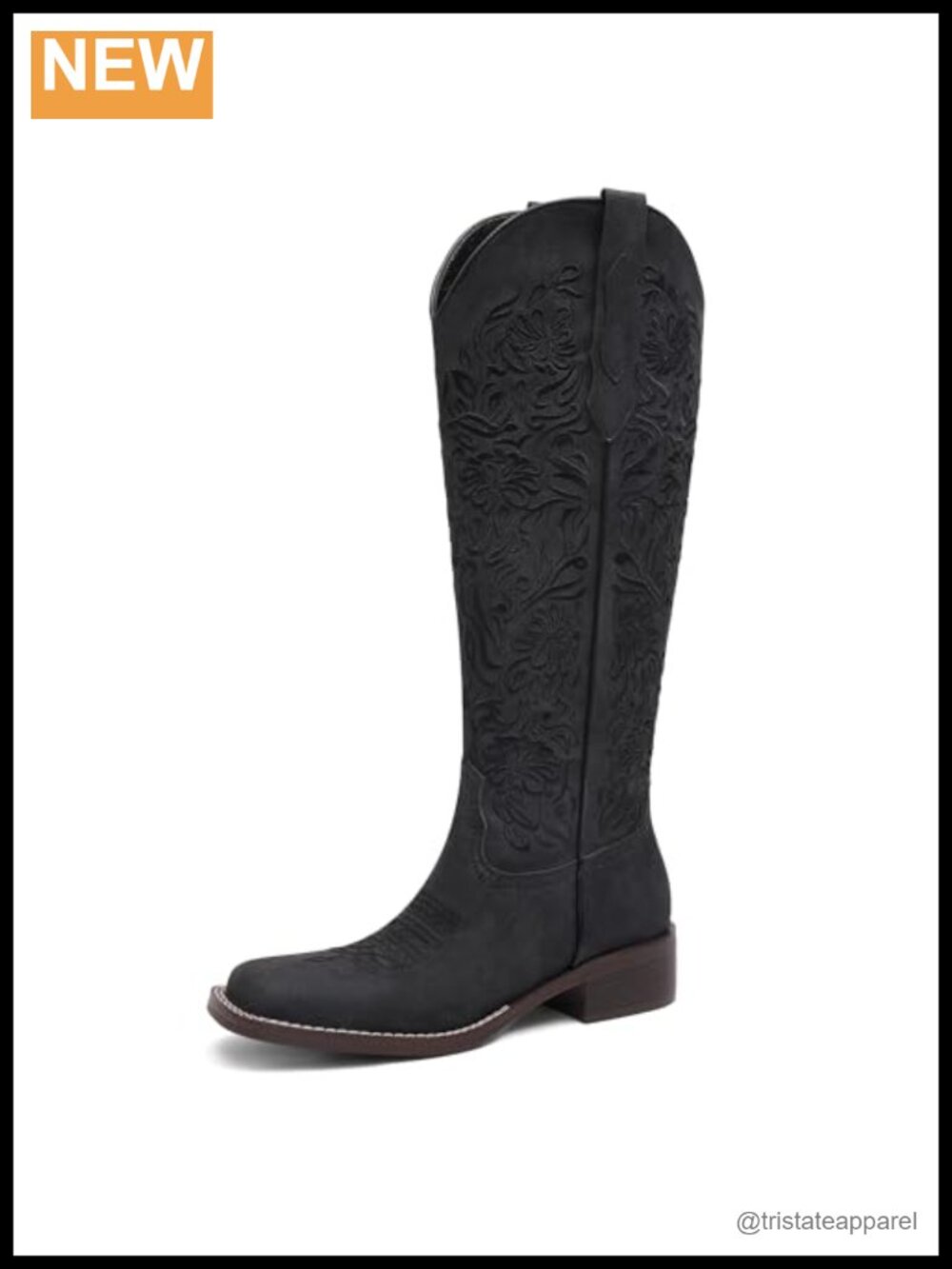 Embroidered Cowboy Boots Knee High Pull On Square Toe Low Heel Women's Western